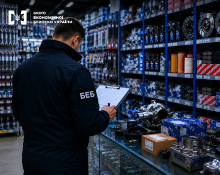 A ESBU detective conducting an inspection or inventory of auto parts in a warehouse or store.