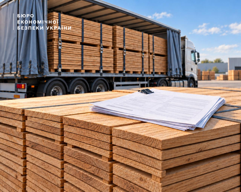 Stacks of neatly arranged wooden boards in the foreground, with a folder containing paper documents resting on top. In the background stands a cargo truck with an open tarpliner, loaded with pallets of lumber.