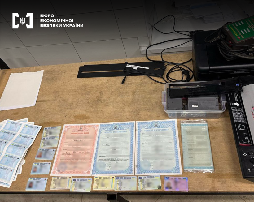 Обладнання і бланки для підробки документів, готові посвідчення водія, ID-картки, свідоцтва про реєстрацію транспорту, шлюб, народження, додатки до диплому.