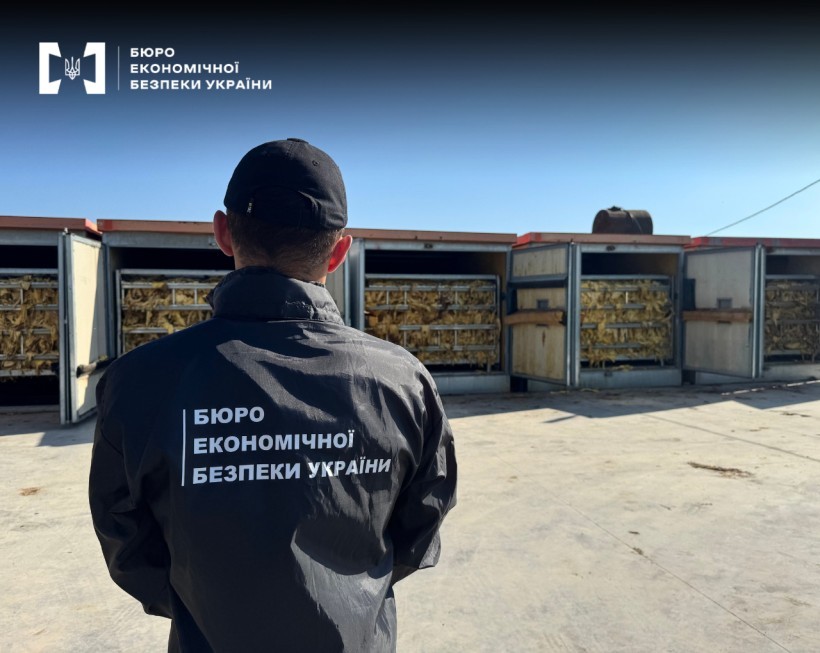 The employee of the ESBU stands with his back to the camera in uniform, in front of a row of large containers filled with dry plant material resembling tobacco