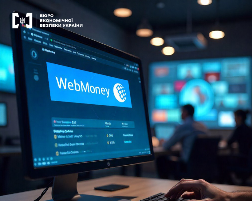 Монітор на столі в офісі. На екрані - інтерфейс платіжного сервісу WebMoney. Фон розмитий.