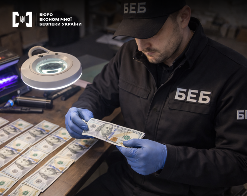 Детектив БЕБ в синіх рукавичках ретельно оглядає стодоларову купюру. Поруч розкладені інші купюри, лампа-лупа, ультрафіолетовий детектор та ін.