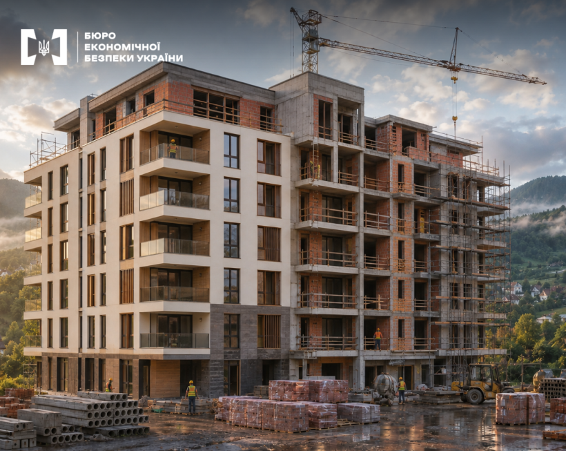 A multi-story residential building under construction is shown.