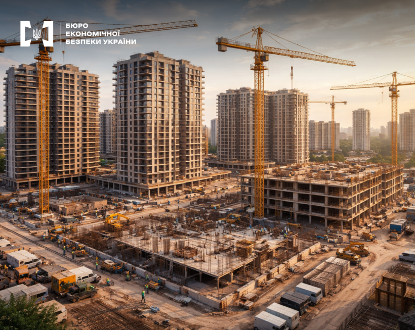 Вигляд зверху на будівництво житлового кварталу. Кілька багатоповерхівок на різних стадіях готовності. Крани, техніка, споруди та робітники.