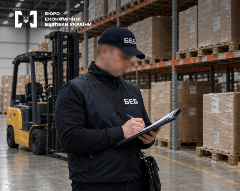 Огляд просторого складу. Детектив БЕБ записує у планшеті. На задньому плані жовто-чорний навантажувач  та  високі стелажі з коробками на піддонах.