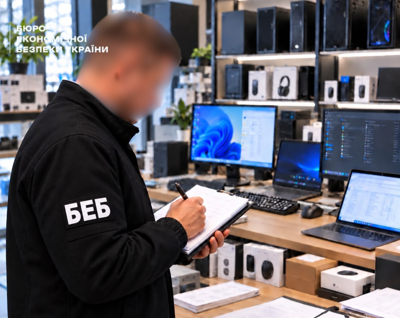 A ESBU detective makes notes against the background of turned-on monitors, laptops, and headphones on shelves.