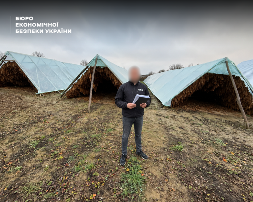 An ESBU detective against the background of a plantation and tobacco drying sheds.