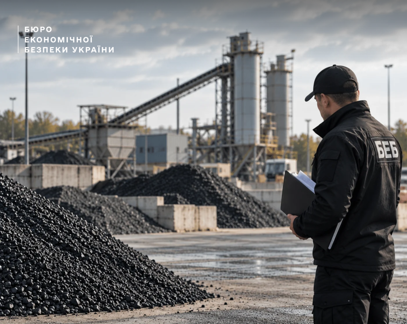 An Economic Security Bureau of Ukraine detective is conducting investigative actions on the premises of an industrial coal storage yard.