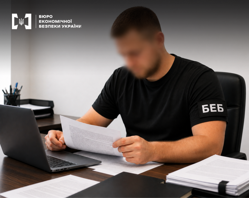 An ESBU detective studies documents at a desk next to a laptop.