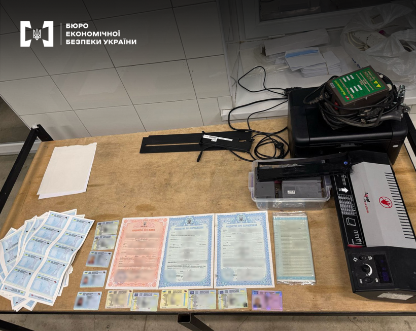 Обладнання і бланки для підробки документів, готові посвідчення водія, ID-картки, свідоцтва про реєстрацію транспорту, шлюб, народження, додатки до диплому