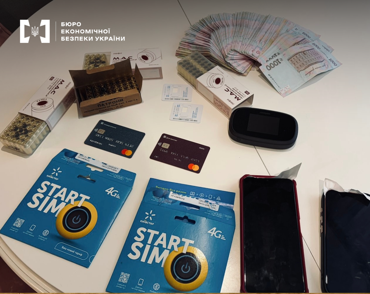 Physical evidence in the case: cash in hryvnias, M.A.C. brand ammunition, mobile SIM card starter packs, and smartphones.