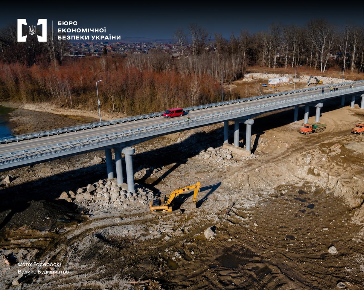 A panoramic top-down view of a new road bridge, with a red car driving on the road and an excavator working underneath the bridge.