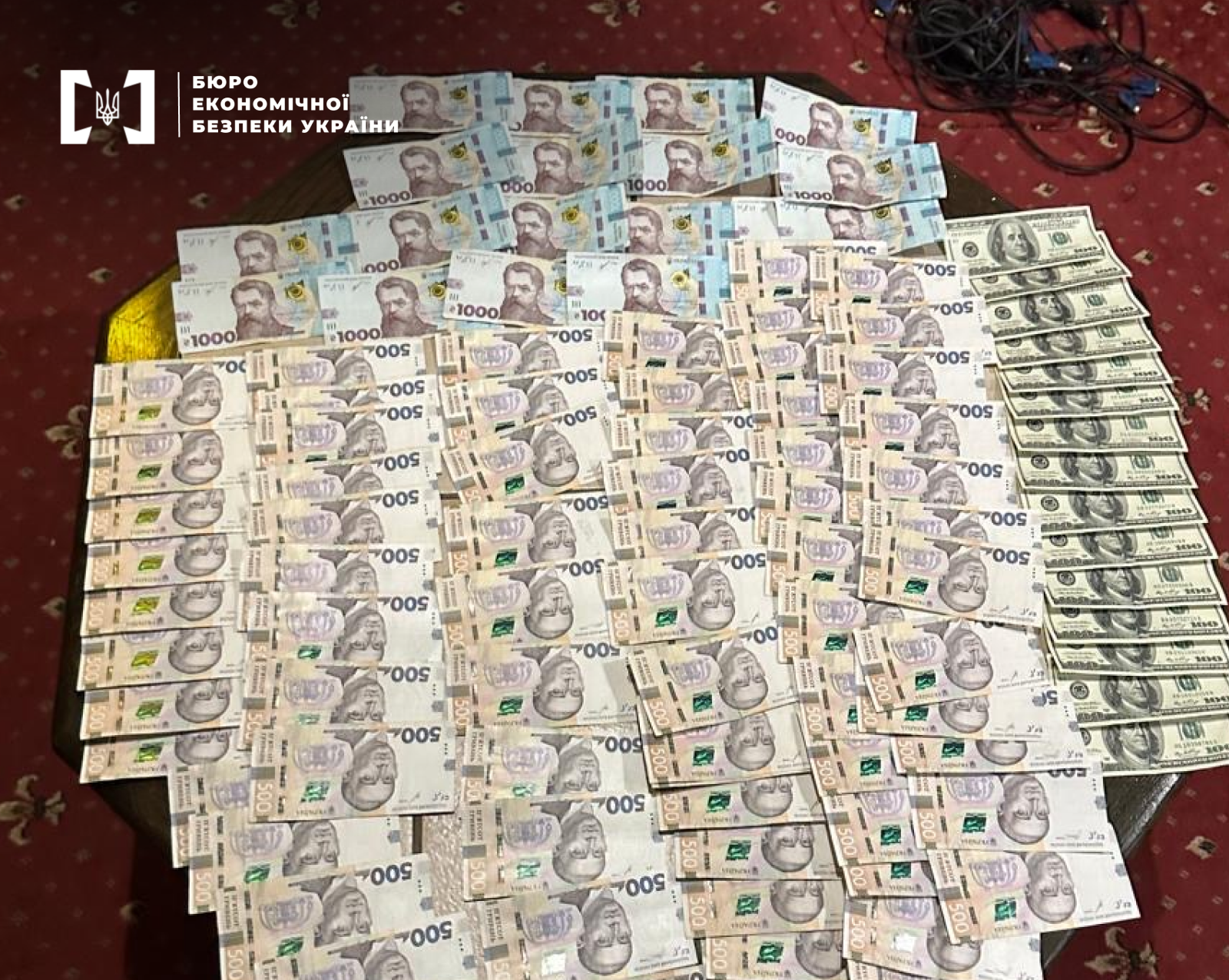 A large amount of cash fanned out on a table, including 500 and 1,000 hryvnia bills as well as 100 US dollar notes.