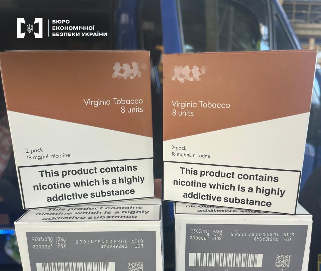 Boxes of illegal replacement vape cartridges with Virginia Tobacco flavor without excise stamps of Ukraine.