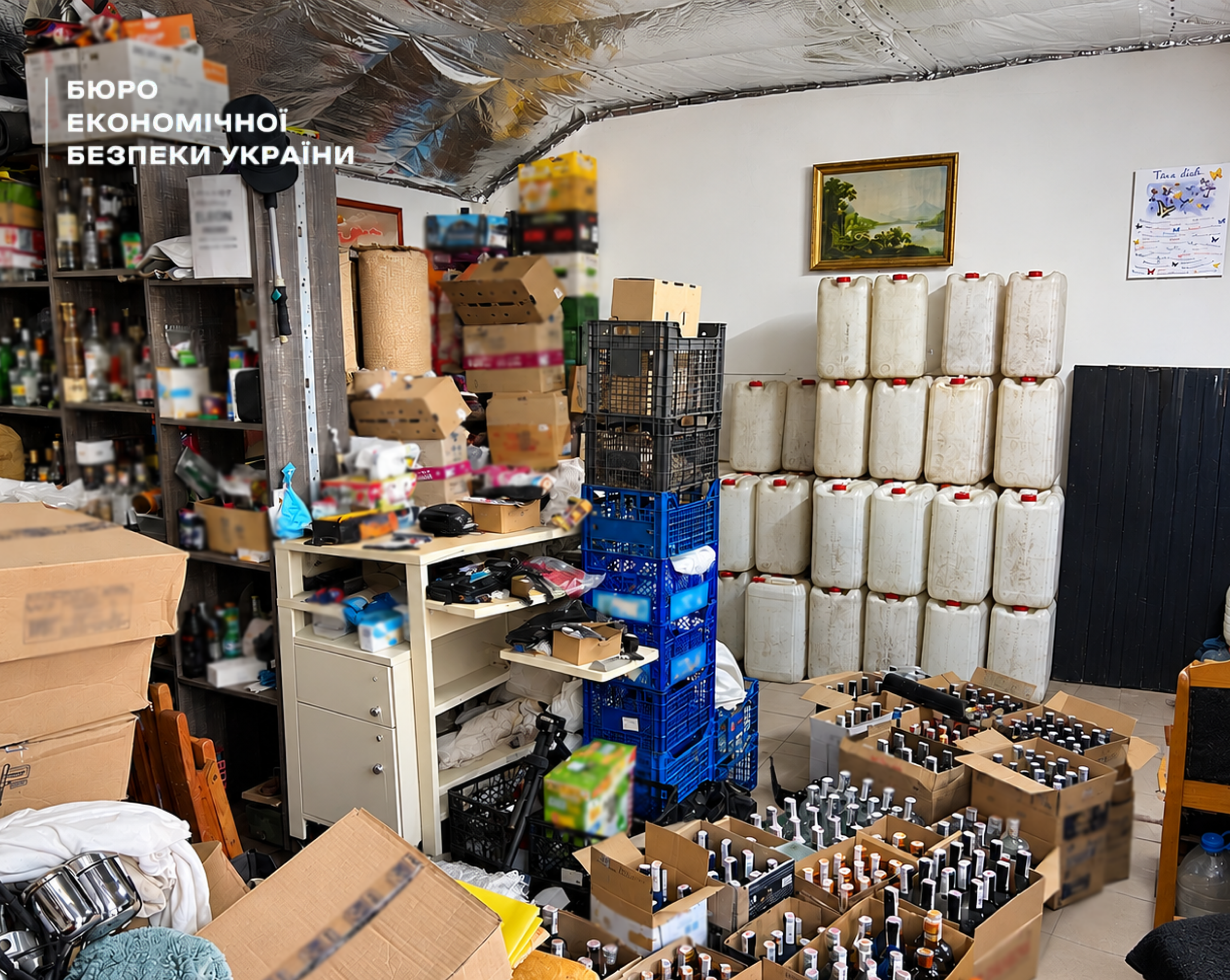 Massive barricades of white canisters, plastic blue crates, cardboard boxes with bottles, and cluttered tables in a utility room.