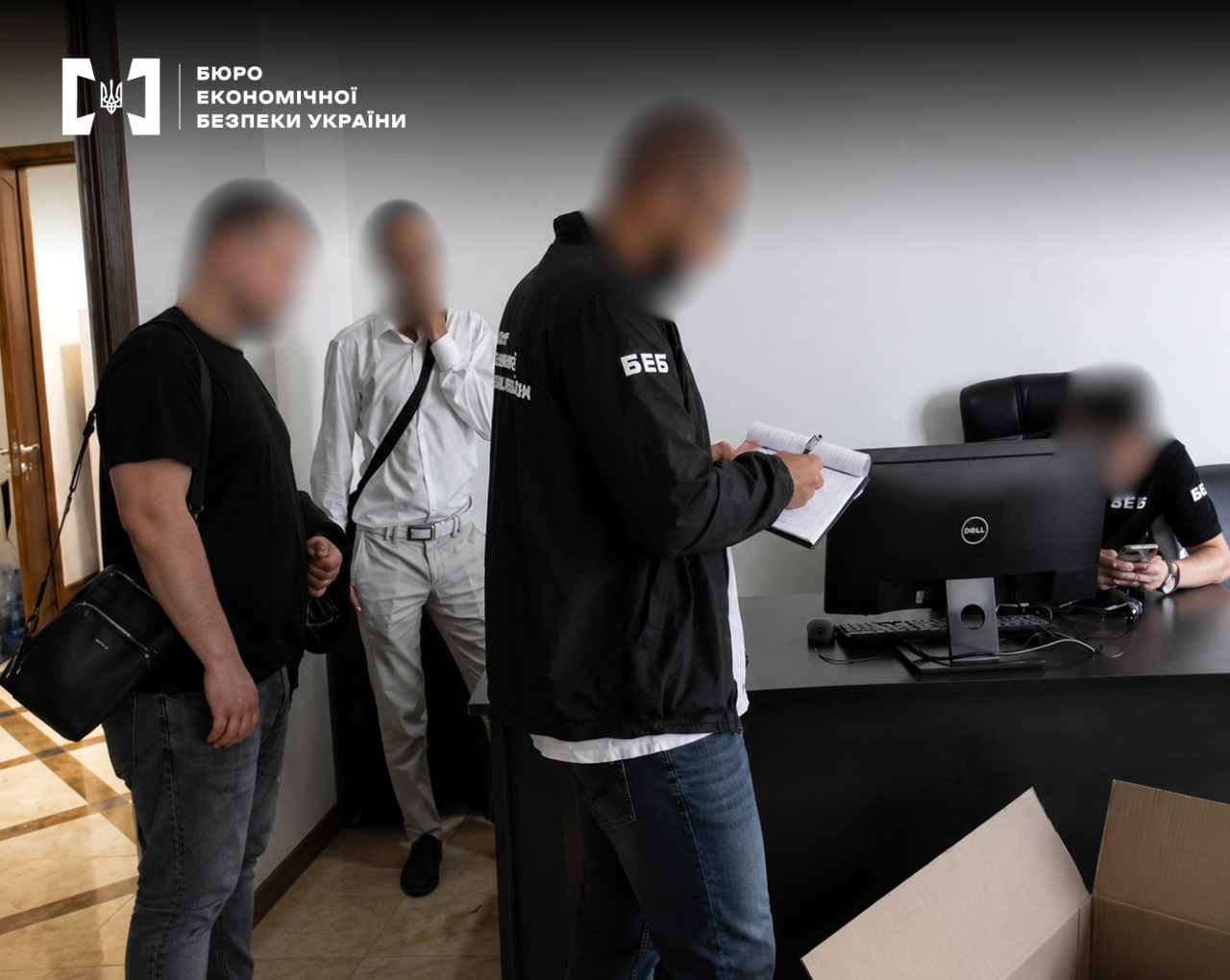 ESBU detectives conduct an inspection and interview individuals inside an office room. Government agency symbols are present.