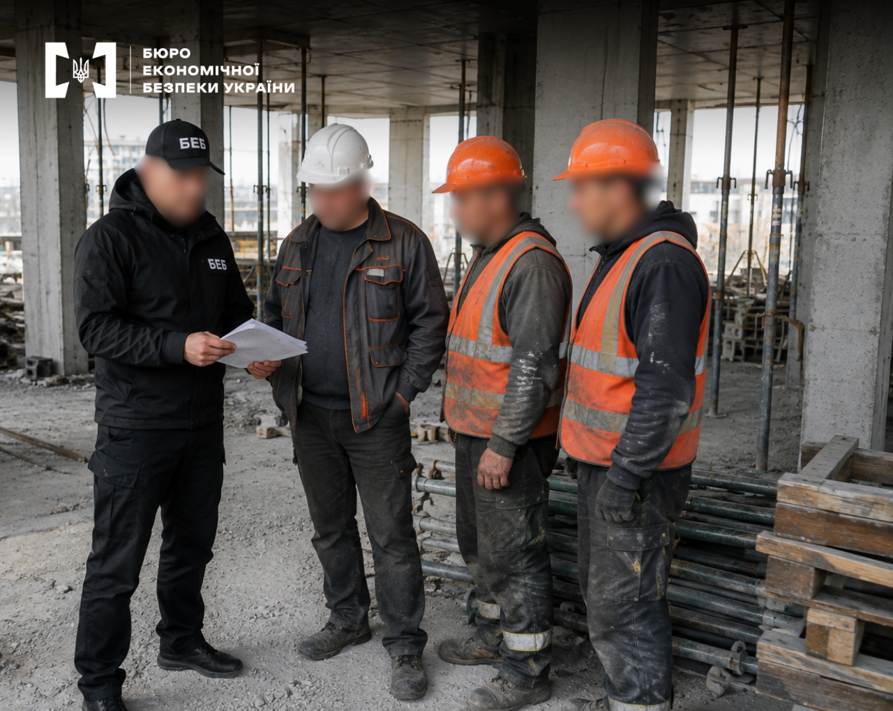 A ESBU detective shows documents to a foreman and construction workers in orange vests at a site.