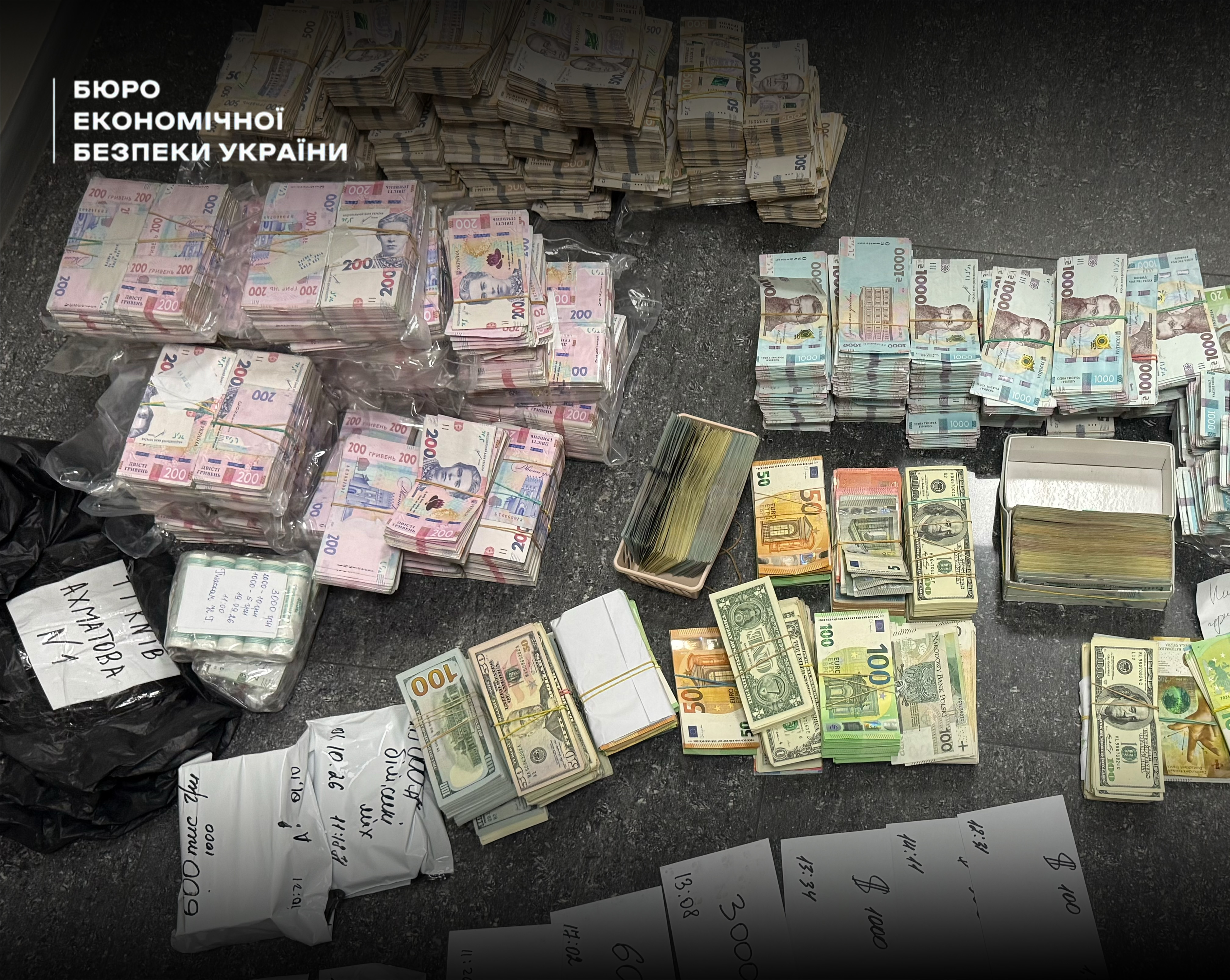 Packs of 200, 500, and 1,000 hryvnia banknotes along with dollars on the floor.
