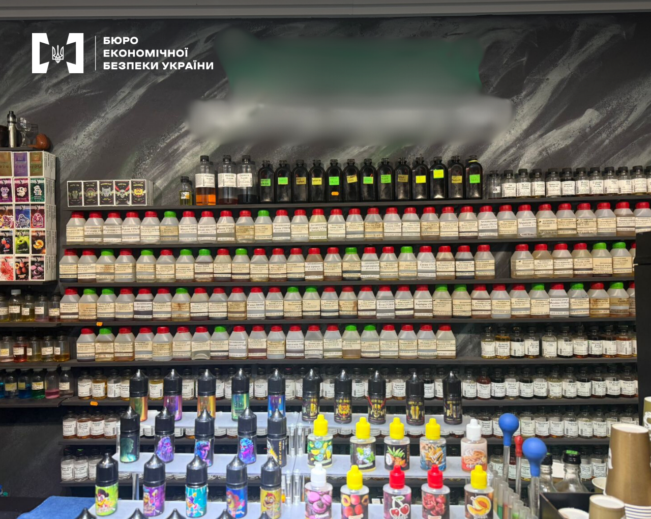 Shelves filled with numerous bottles of ingredients and finished products without excise tax stamps