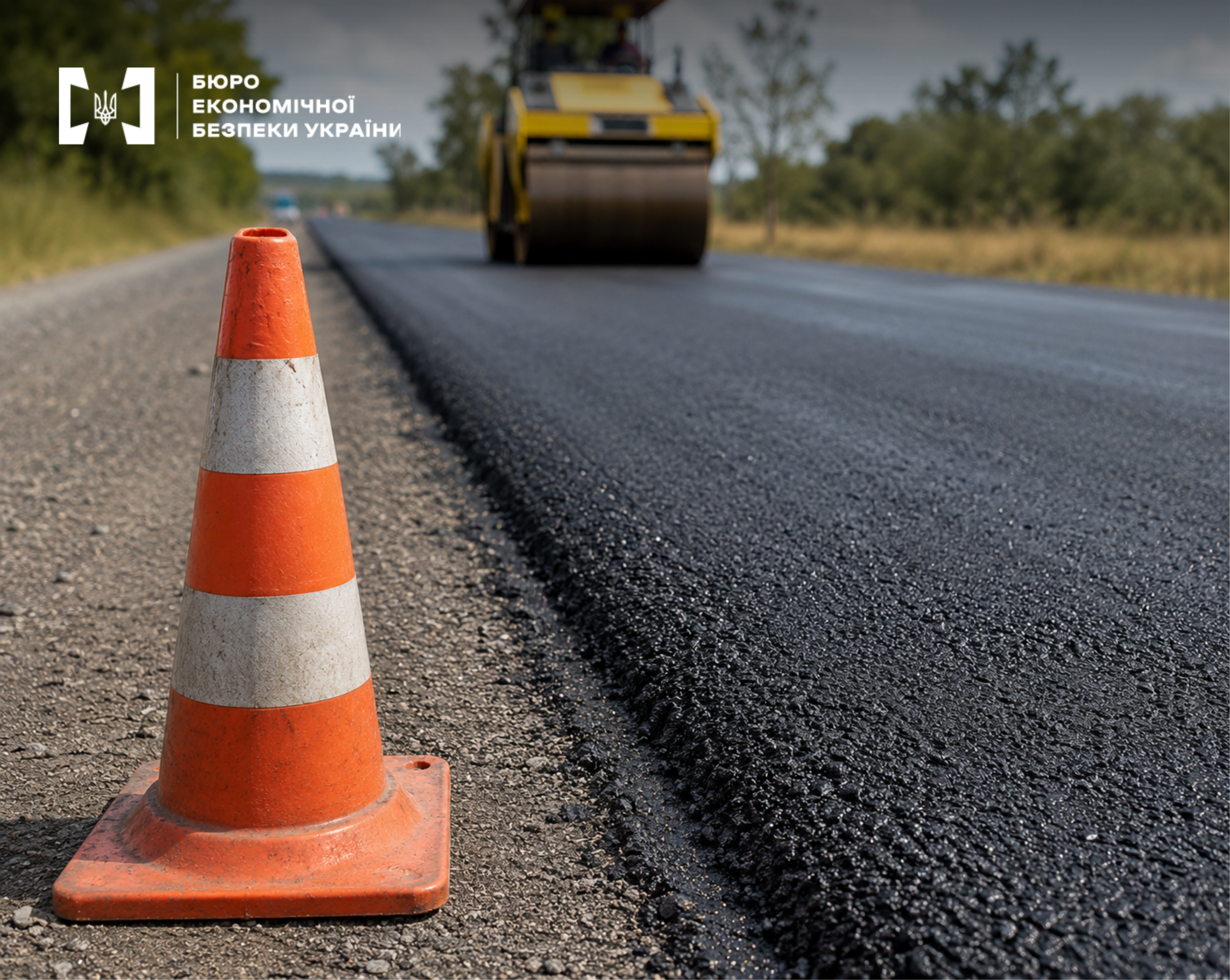 An orange traffic cone on the roadside against the backdrop of freshly laid asphalt and a road roller.