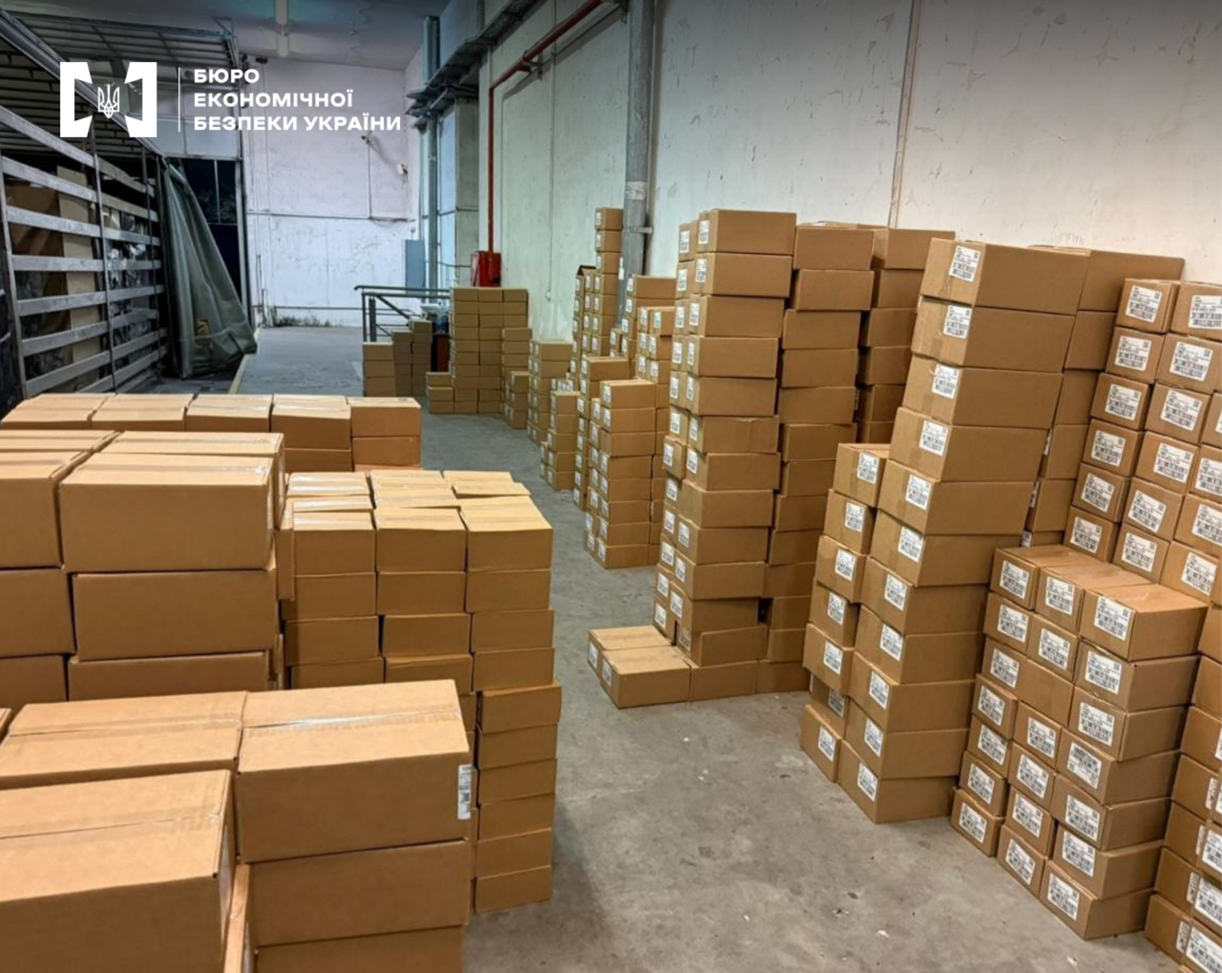 A large-scale underground warehouse with hundreds of cardboard boxes containing smuggled dietary supplements and vitamins.