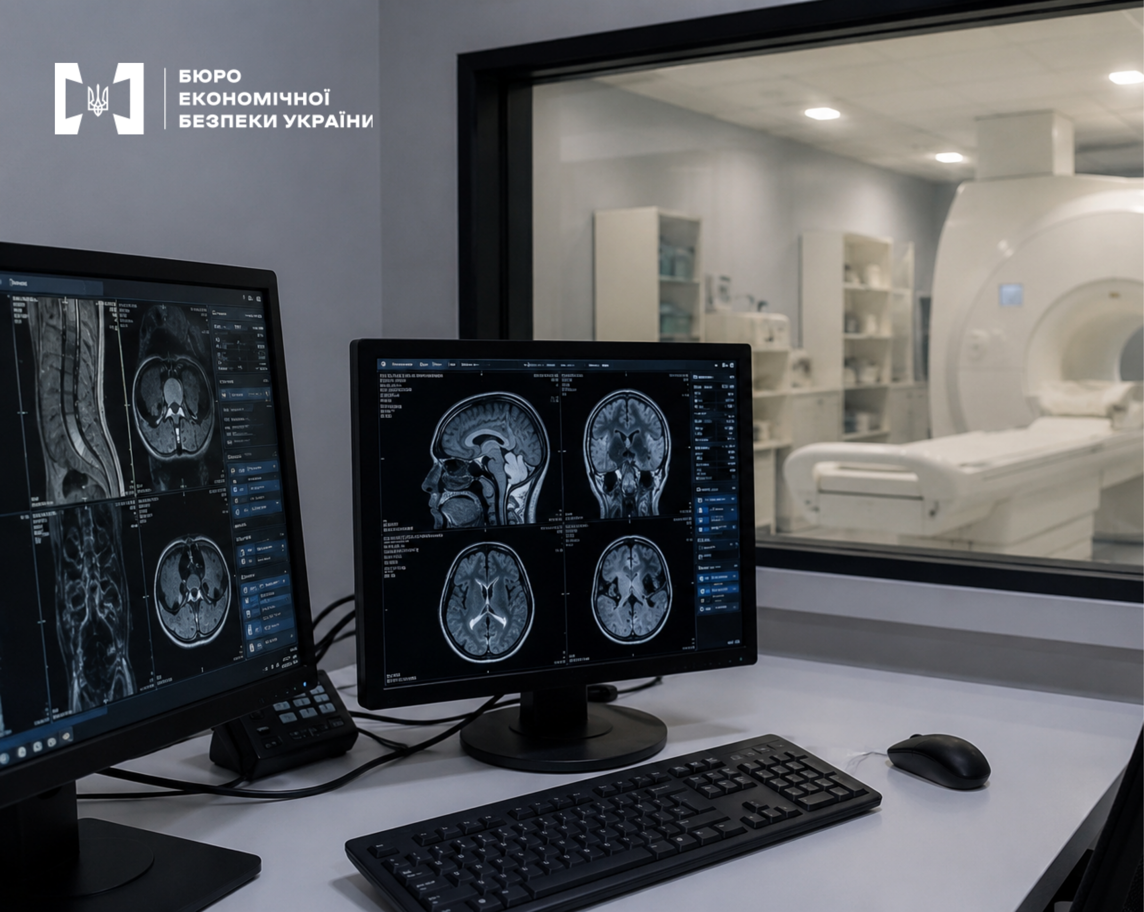 Monitors with MRI scans of the brain and spine against the background of an office with a tomograph.
